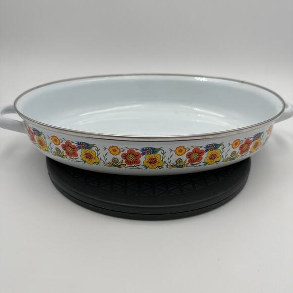 Retro MCM Enamel Ware Oval Open Roasting Pan With Flowers Design - Picture 3 of 11